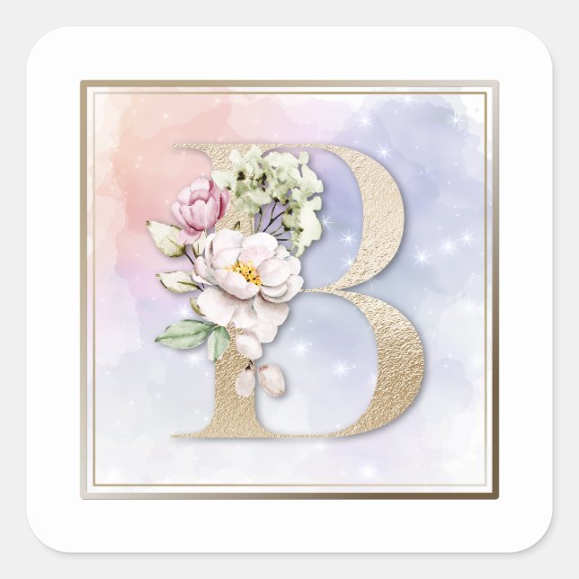 Sticker Carré B Floral rose monogramme (Devant)
