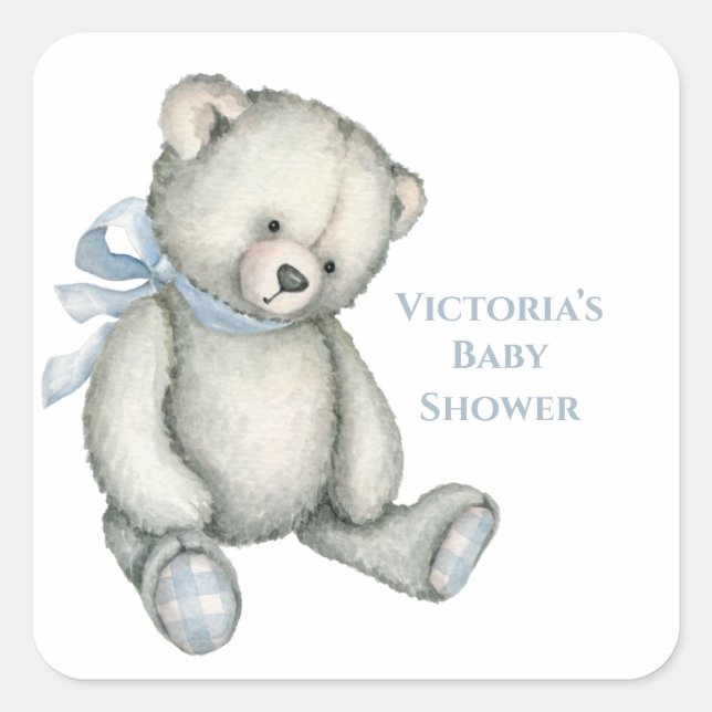Sticker Carré Baby Boy Blue Teddy Bear Baby shower d'aquarelle (Devant)