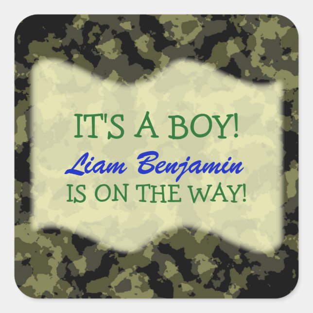 Sticker Carré Baby Boy - Camo Baby shower à thème (Devant)