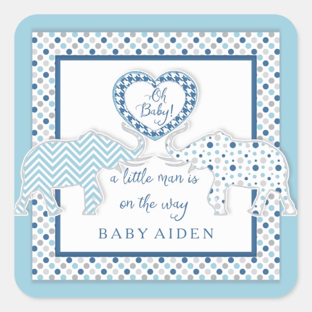 Sticker Carré Baby Boy Elephant Thème Douche Coeur Chevron Art (Devant)
