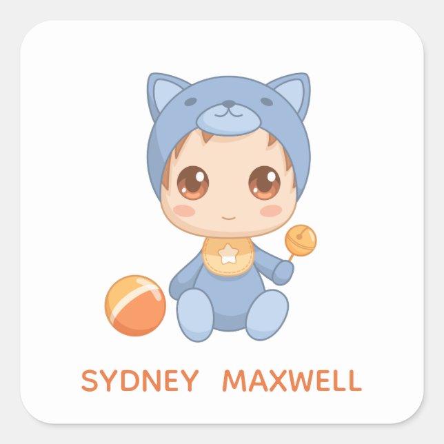 Sticker Carré Baby Boy Girl Cat Jumpsuit Nom personnalisé (Devant)
