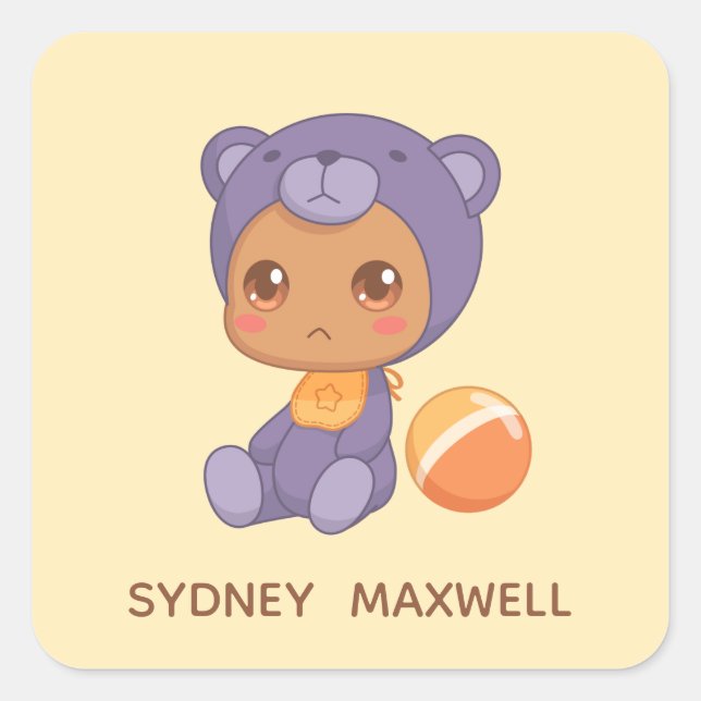 Sticker Carré Baby Boy Girl Purple Bear Jumpsuit Nom personnalis (Devant)