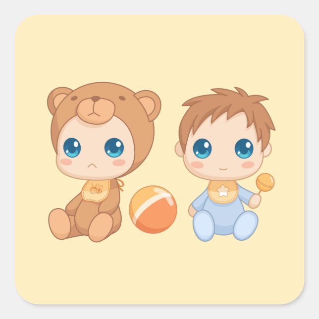 Sticker Carré Baby Boy Twins Bear Jumpsuit 2 sur Jaune (Devant)