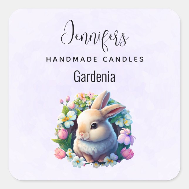 Sticker Carré Baby Bunny parmi les fleurs du printemps Bougie Bu (Devant)