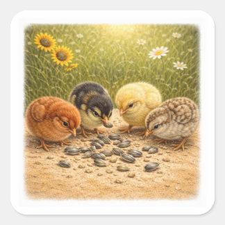 Sticker Carré Baby Chicks Eating Sunflower Seeds – Cozy Farm Ill