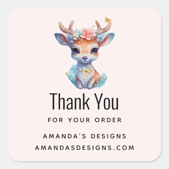 Sticker Carré Baby Deer avec Antlers et Fleurs Business Merci (Devant)
