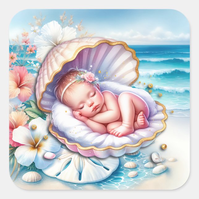 Sticker Carré Baby Girl in a Seashell Baby shower (Devant)