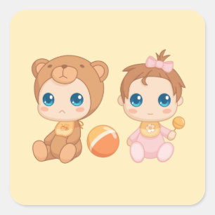 Sticker Carré Baby Girl Twins Bear Jumpsuit 2 sur Jaune