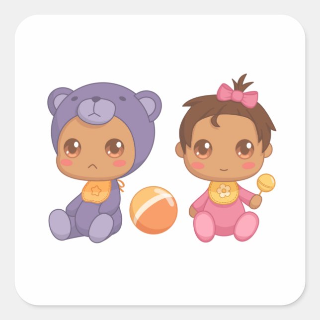 Sticker Carré Baby Girl Twins Purple Bear Jumpsuit Carré Sticke (Devant)