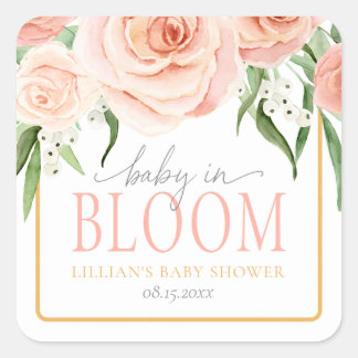 Sticker Carré Baby in Bloom Blush Pink Rose Floral Baby Shower