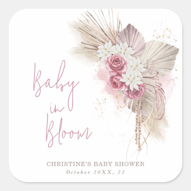 Sticker Carré Baby In Bloom Boho Baby shower Rose (Devant)