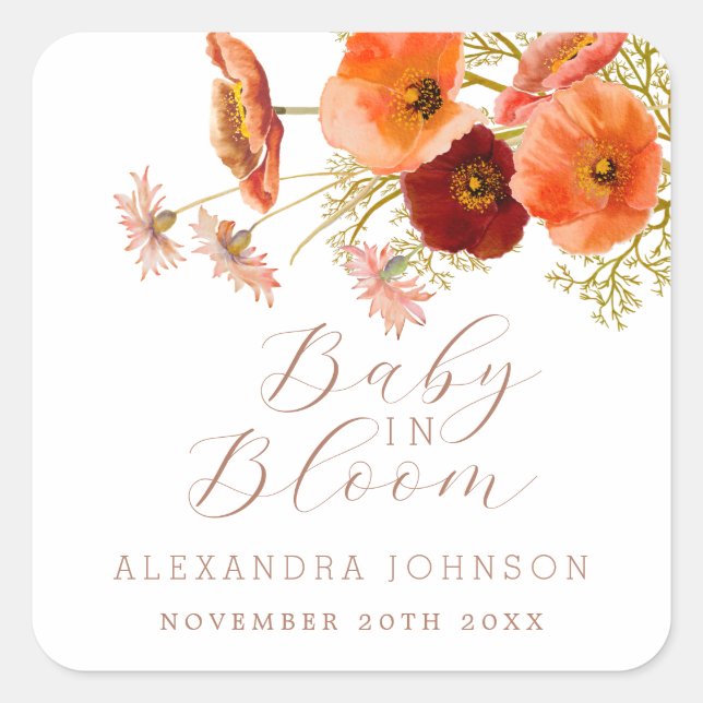 Sticker Carré Baby in Bloom Boho Fall Floral Baby shower Custom (Devant)
