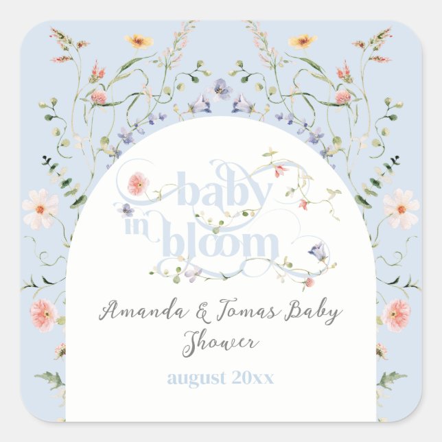 Sticker Carré Baby in Bloom Fleur sauvage Blue Boy Baby shower (Devant)
