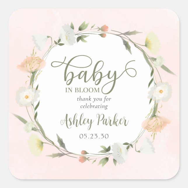 Sticker Carré Baby In Bloom Fleur sauvage Merci Baby shower (Devant)