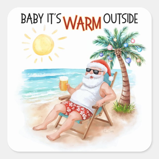 Sticker Carré Baby It’s Warm Outside Tropical Christmas Santa (Devant)