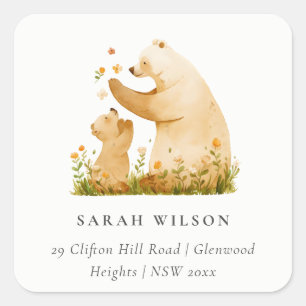 Sticker Carré Baby Maman Ours Floral Neutal Aquarelle Adresses