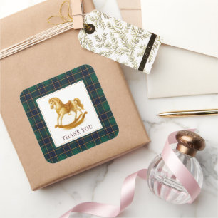 Sticker Carré Baby shower À Cheval Rocheux Élégant Tartan Plaid
