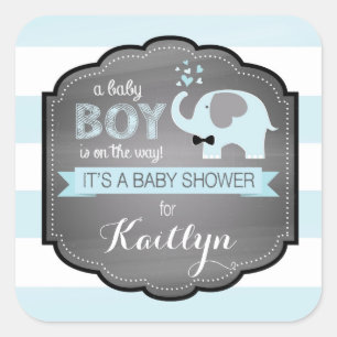 Sticker Carré Baby shower à cravate d'éléphant bleu