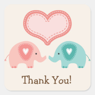 Sticker Carré Baby shower à éléphants jumeaux Merci