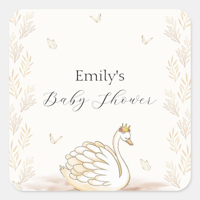 Sticker Carré Baby shower à papillon de cygne Gold Elegance (Devant)