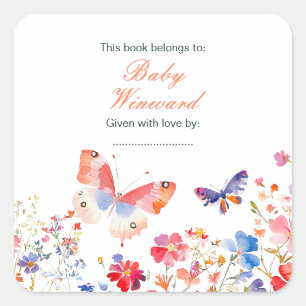 Sticker Carré Baby shower à papillons floraux d'été