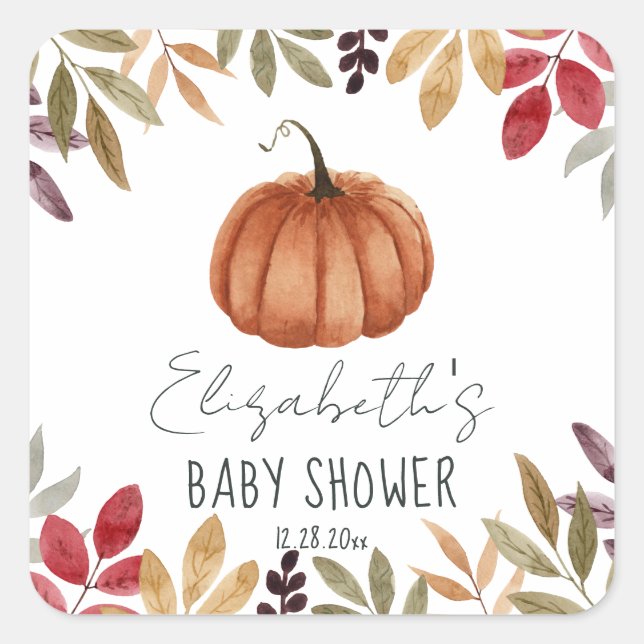 Sticker Carré Baby shower à thème Citrouille d'aquarelle (Devant)