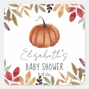 Sticker Carré Baby shower à thème Citrouille d'aquarelle