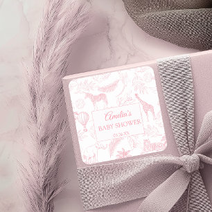 Sticker Carré Baby Shower Animaux de Safari Jungle Rose Pâle 