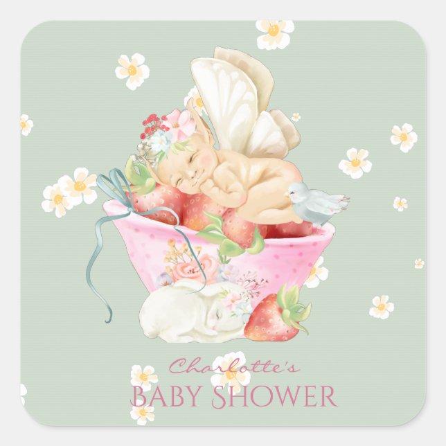 Sticker Carré Baby shower Aquarelle fille Fée mignonne lapin (Devant)