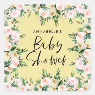 Sticker Carré Baby shower aquarelle jaune girly script floral