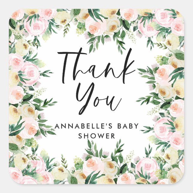 Sticker Carré Baby shower aquarelle rose girly floral merci (Devant)