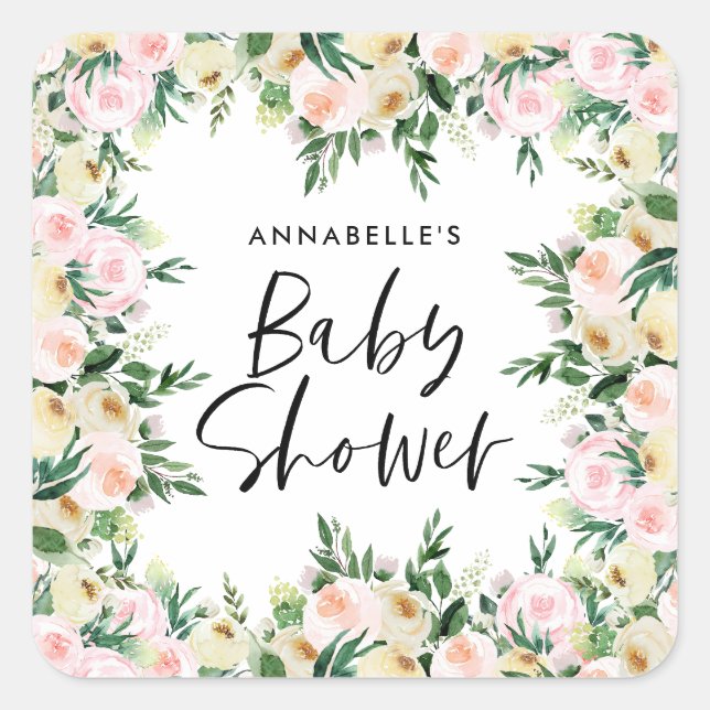 Sticker Carré Baby shower aquarelle rose girly script floral (Devant)