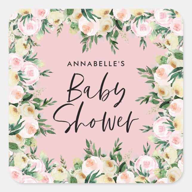 Sticker Carré Baby shower aquarelle vert girly script floral (Devant)
