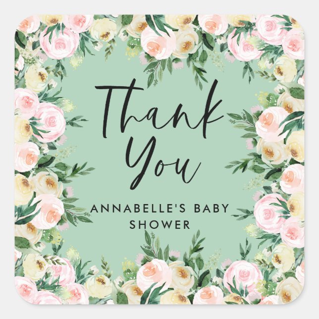 Sticker Carré Baby shower aquarelle vert rose floral merci (Devant)