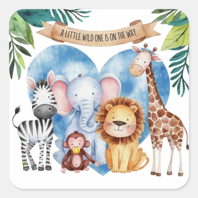 Sticker Carré Baby shower aquatique Safari Animaux (Devant)