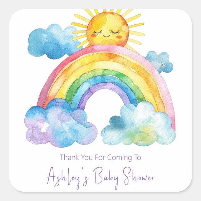 Sticker Carré Baby shower arc-en-ciel aquarelle (Devant)