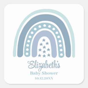 Sticker Carré Baby shower arc-en-ciel bleu Boho