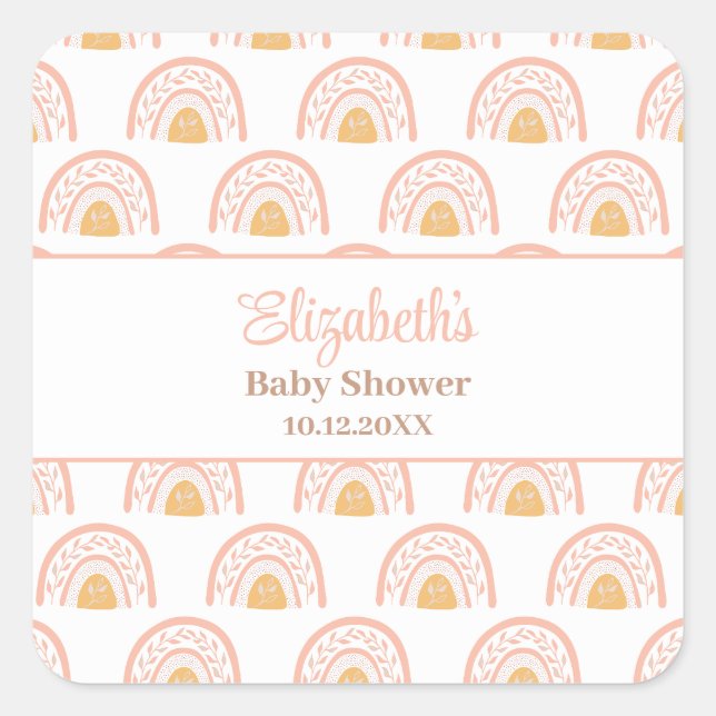 Sticker Carré Baby shower arc-en-ciel rose de Bohême (Devant)
