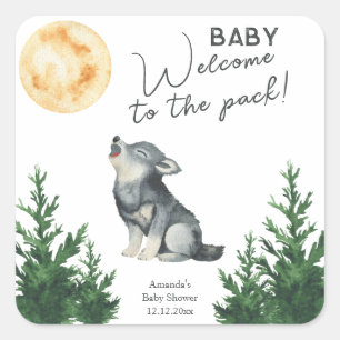 Sticker Carré Baby Shower au loup aquarelle 