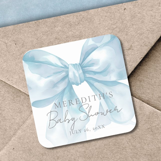 Sticker Carré Baby Shower au Ruban Bleu Élégant (Elegant Blue Bow Baby Shower Square Sticker)