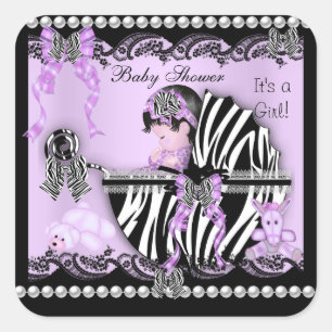 Sticker Carré Baby Shower Bébé Fille Mignonne Lilac Zèbre Dentel