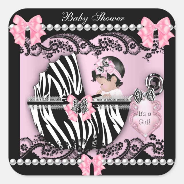 Sticker Carré Baby shower Bébé mignonne Fille rose Zèbre dentell (Devant)