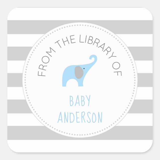 Sticker Carré Baby shower bleu éléphant LIVRE, livre pour garçon (Devant)