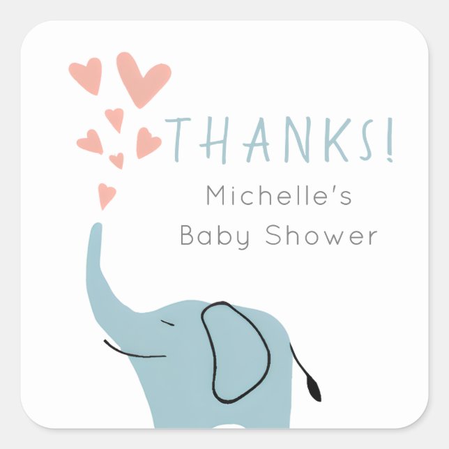 Sticker Carré Baby shower bleu éléphant mignon (Devant)