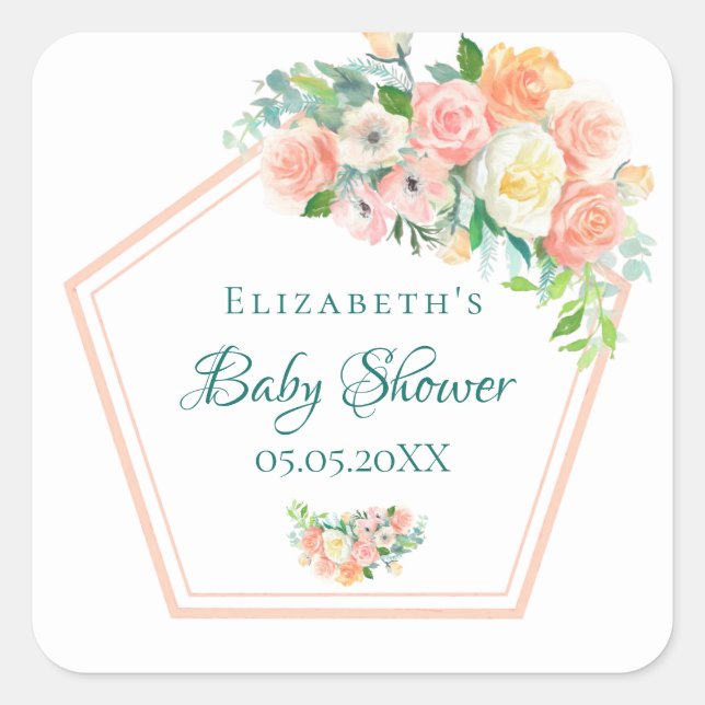 Sticker Carré Baby shower bleu floral blanc fleurons rose or geo (Devant)