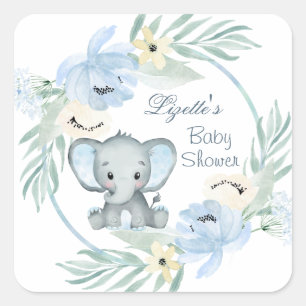 Sticker Carré Baby shower bleu floral Eléphant