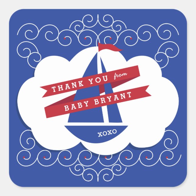 Sticker Carré Baby shower bleu marine rouge (Devant)
