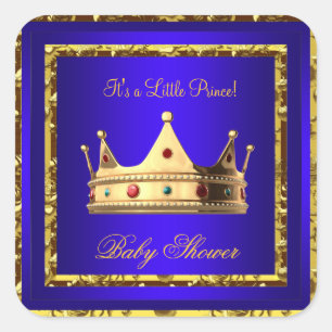 Sticker Carré Baby Shower Bleu Royal Or Garçon couronne prince