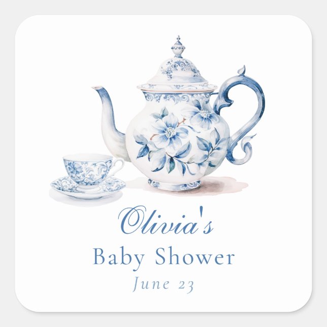 Sticker Carré Baby shower Blue Floral Tea Party (Devant)