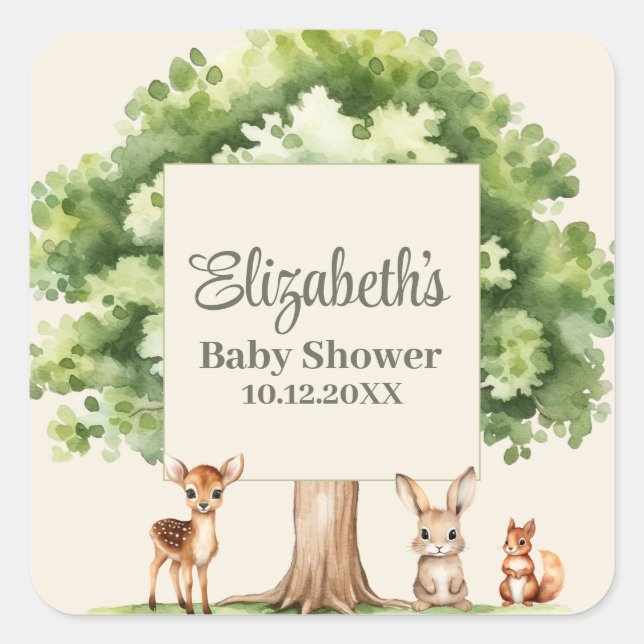 Sticker Carré Baby shower Boho Cute Woodland Animaux (Devant)